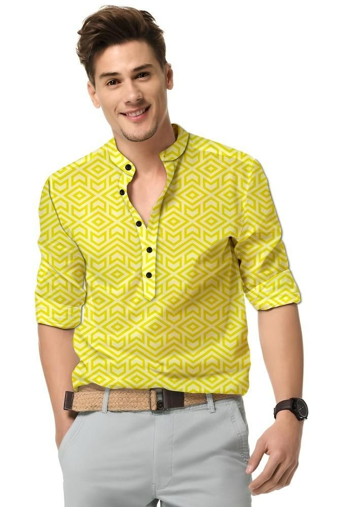 Men's Printed Spread Collar Casual Shirt Yellow